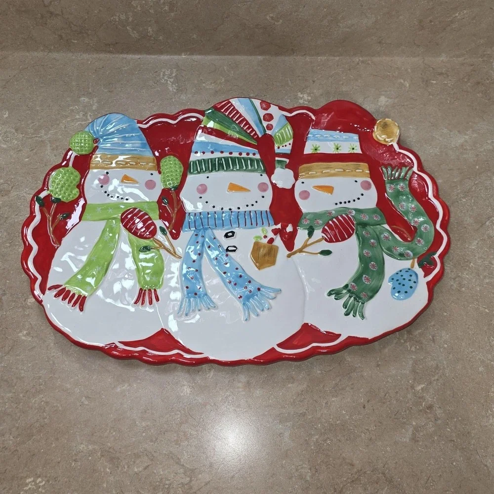 Pier 1 Imports Snowman Christmas Turkey Cookie Serving Platter Large Ceramic